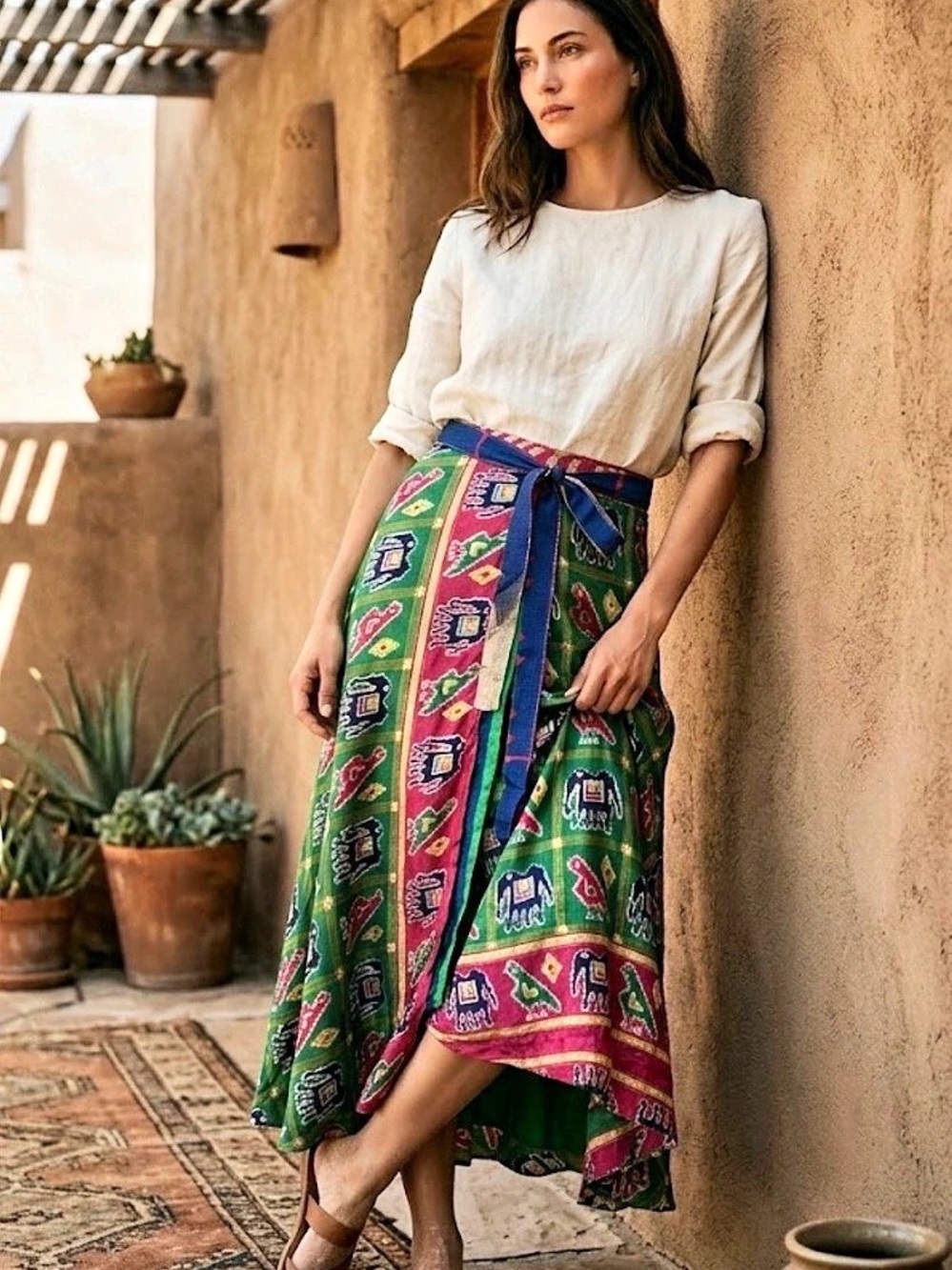 Animal printed wrap maxi skirt Silk Geometric Wrap Maxi Skirt in Green &